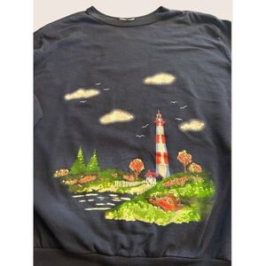 🌊 VTG LIGHTHOUSE COASTAL CANADIAN BEACH SCENE SWEATSHIRT NAVY XL